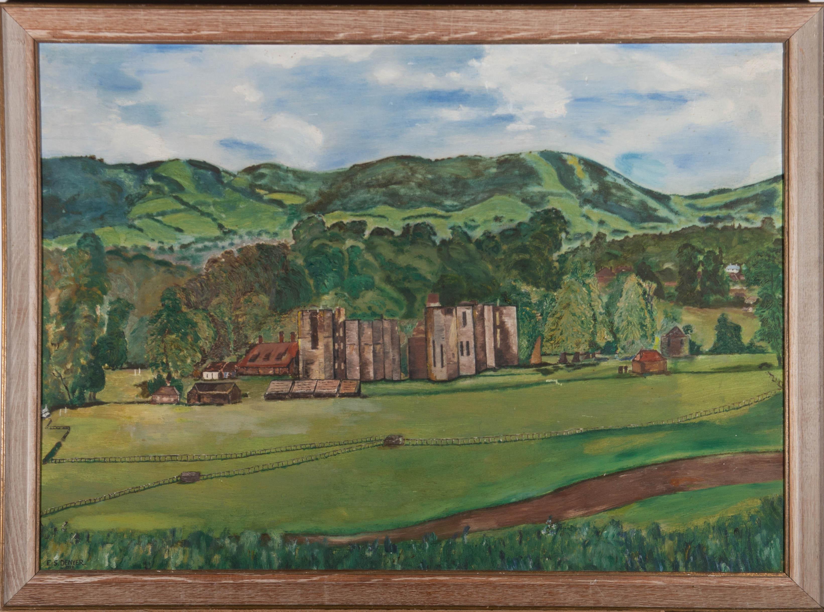 A bold painting of a ruined castle in a vibrant green landscape. Presented in a limed wooden frame. Signed and dated to the lower-left corner. On board.

