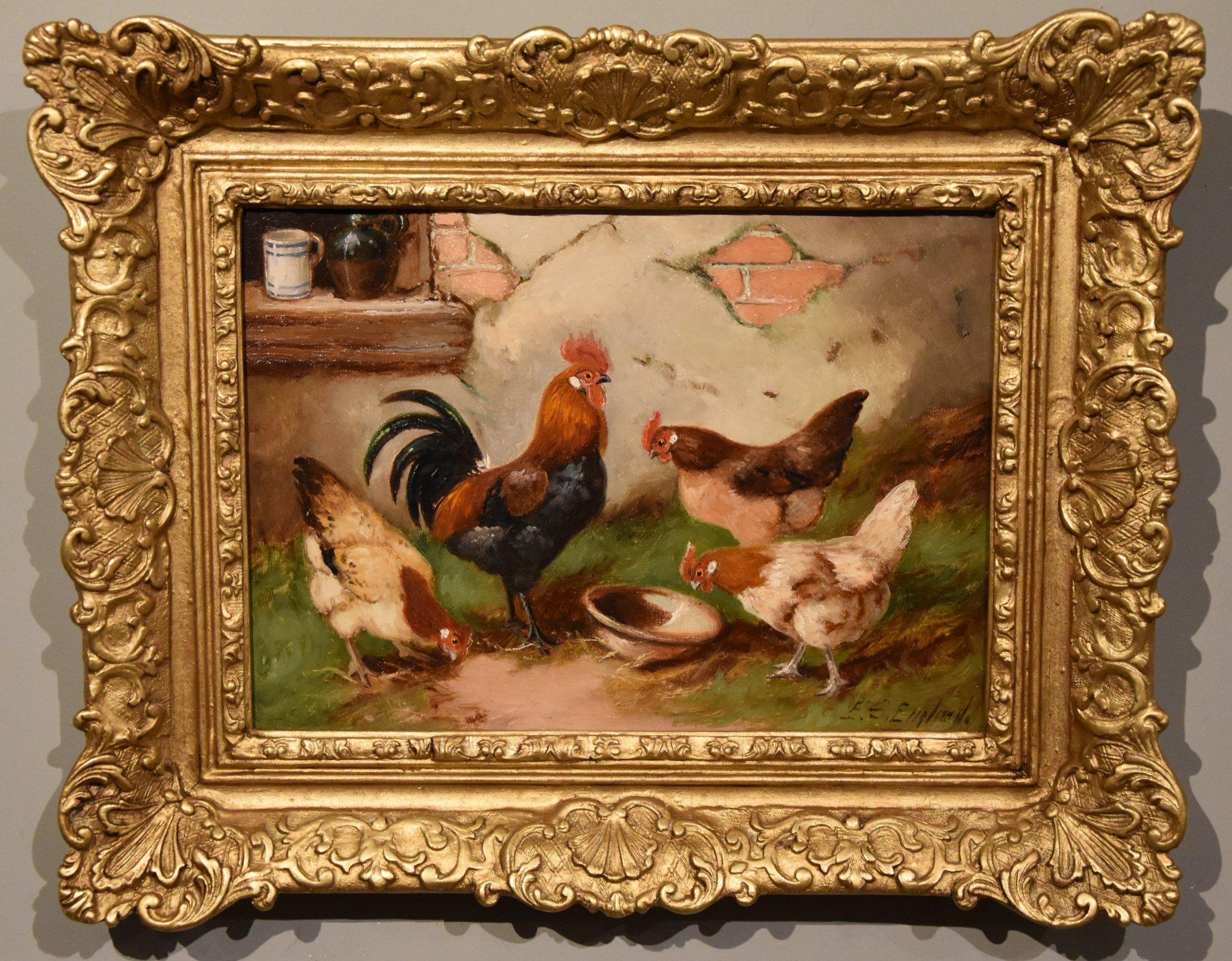E.S. England Animal Painting - Oil Painting by E. S. England "Cockerel and Hens"