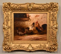 Antique Oil Painting by E. S. England "Cockerel and Hens"