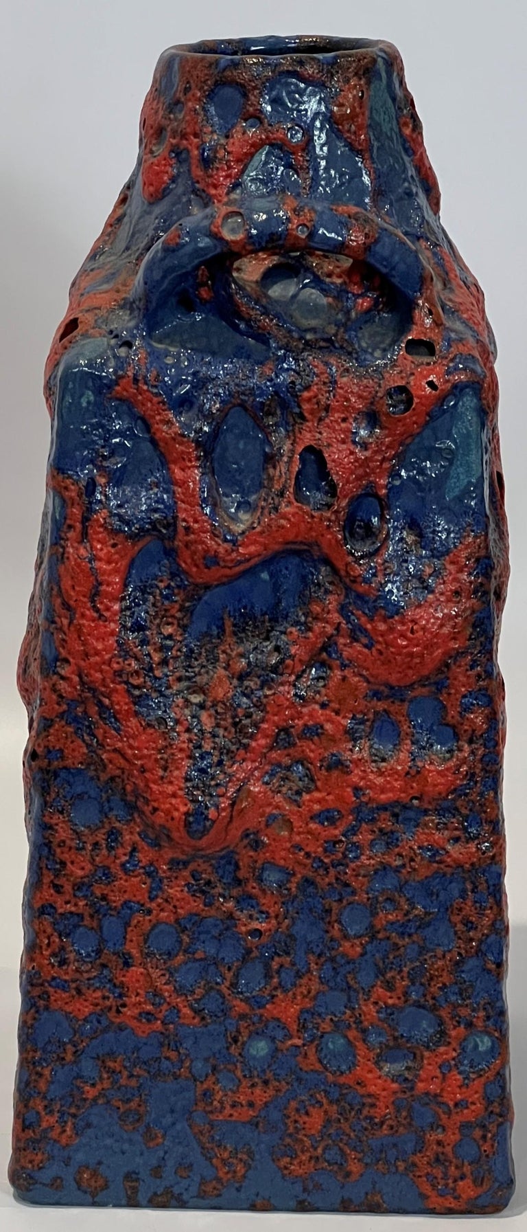 Mid-Century Modern Es Keramik Emons & Söhne Blue and Red Fat Lava Handled Vase Modern Form For Sale