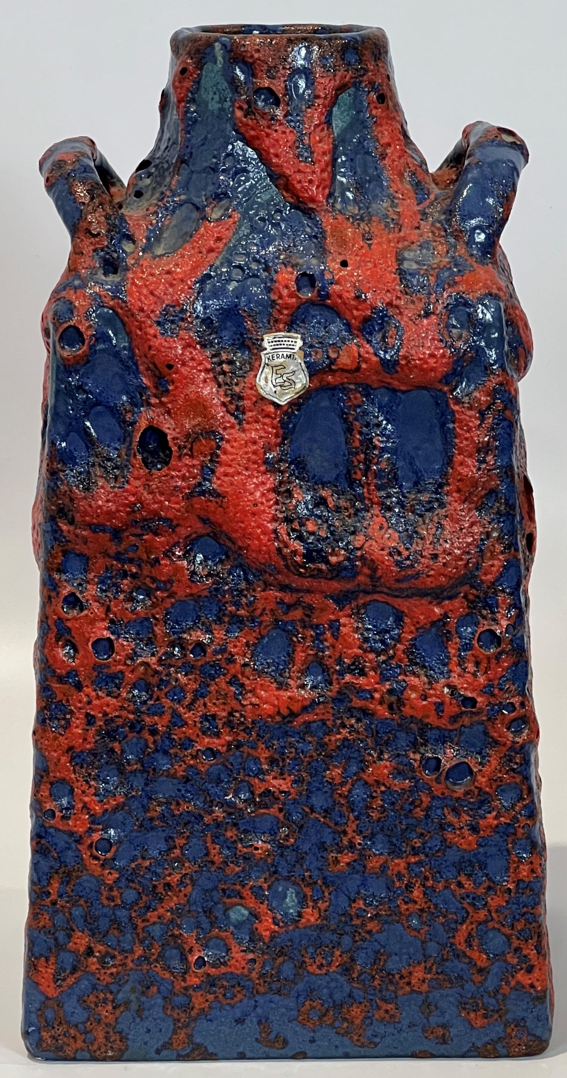 German Es Keramik Emons & Söhne Blue and Red Fat Lava Handled Vase Modern Form