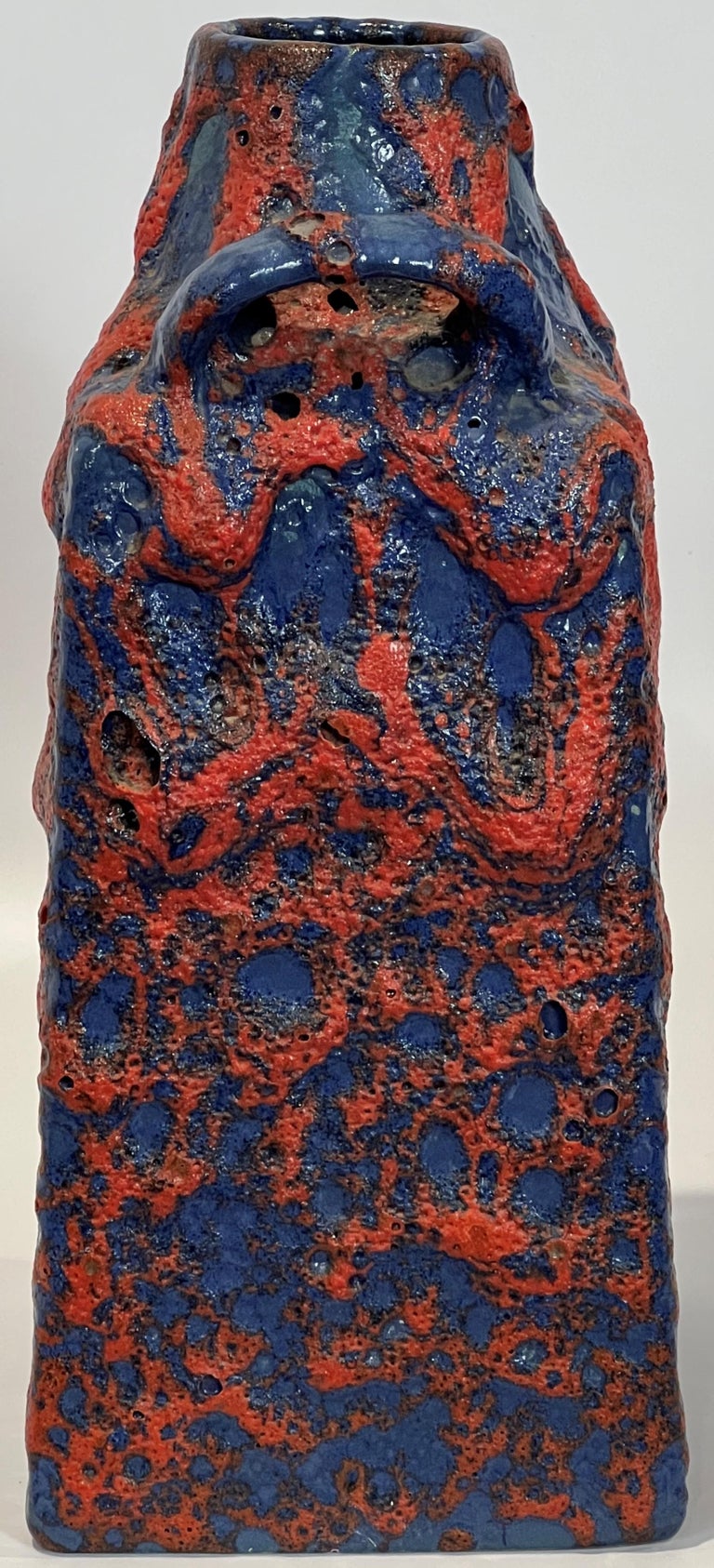 Mid-20th Century Es Keramik Emons & Söhne Blue and Red Fat Lava Handled Vase Modern Form For Sale