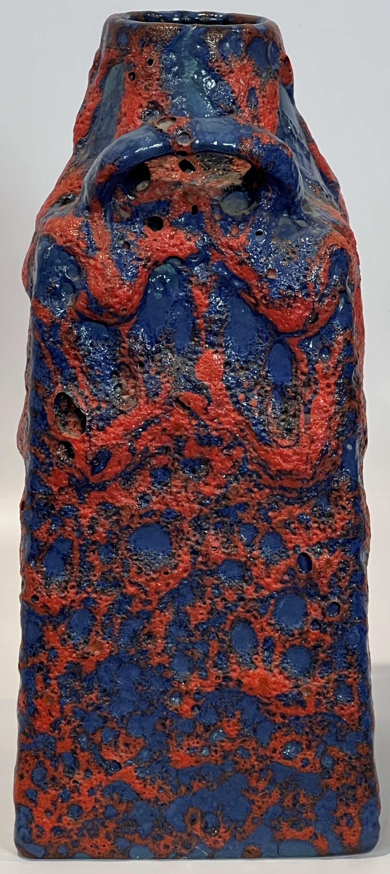Pottery Es Keramik Emons & Söhne Blue and Red Fat Lava Handled Vase Modern Form