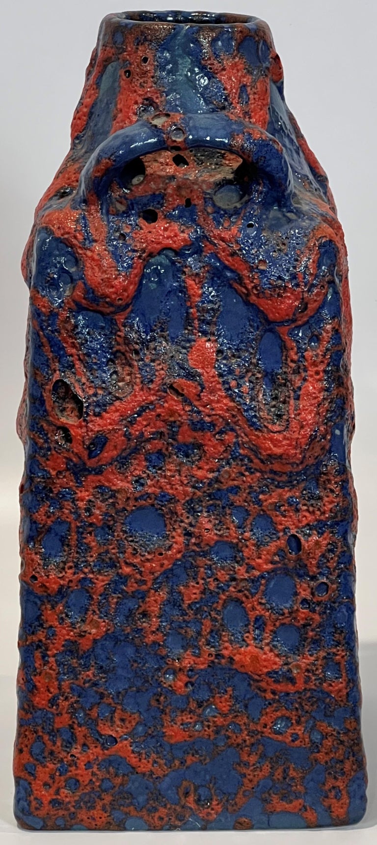 Pottery Es Keramik Emons & Söhne Blue and Red Fat Lava Handled Vase Modern Form For Sale