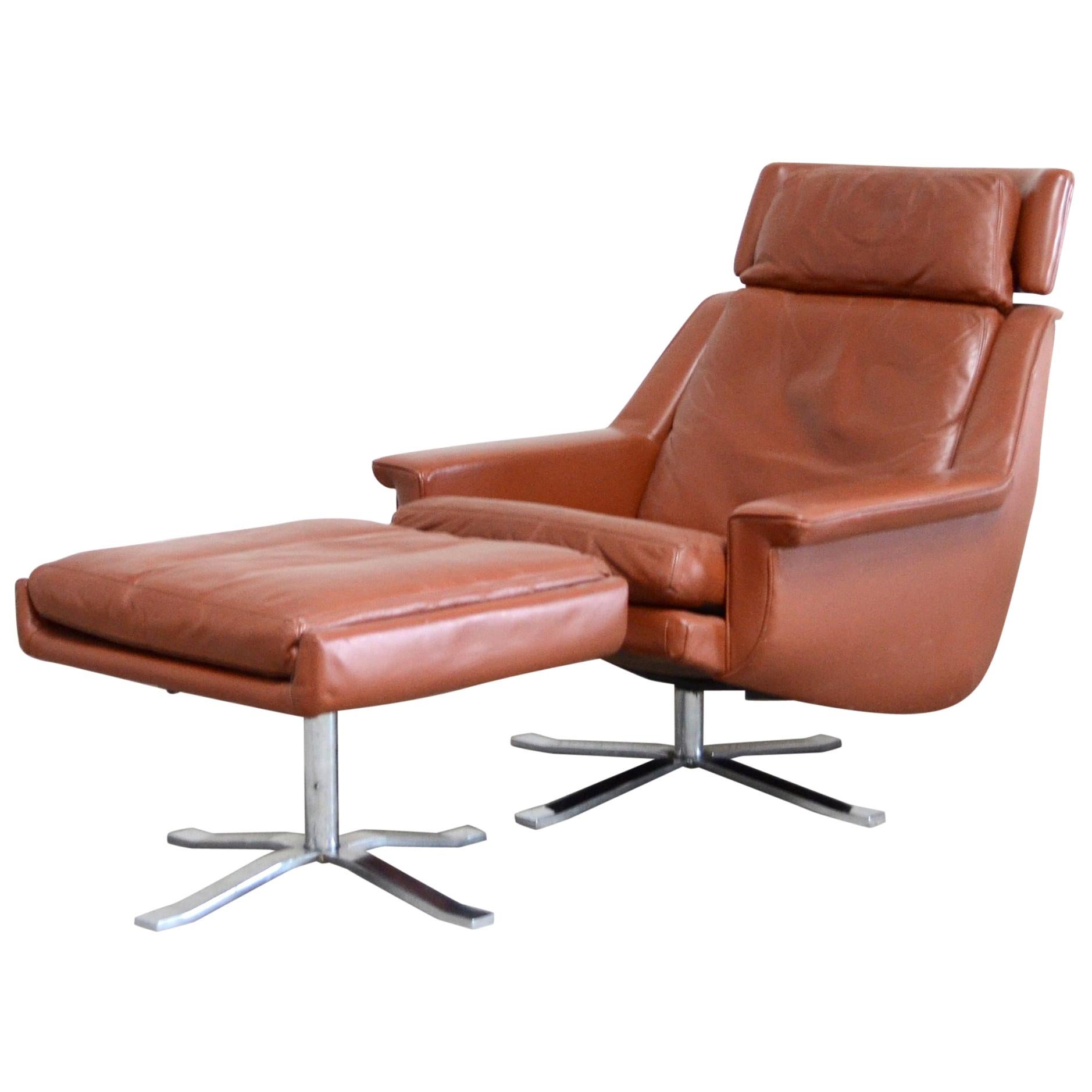 Esa Model 802 Leather Danish Lounge Chair and Ottoman by Werner Langenfeld, 1960