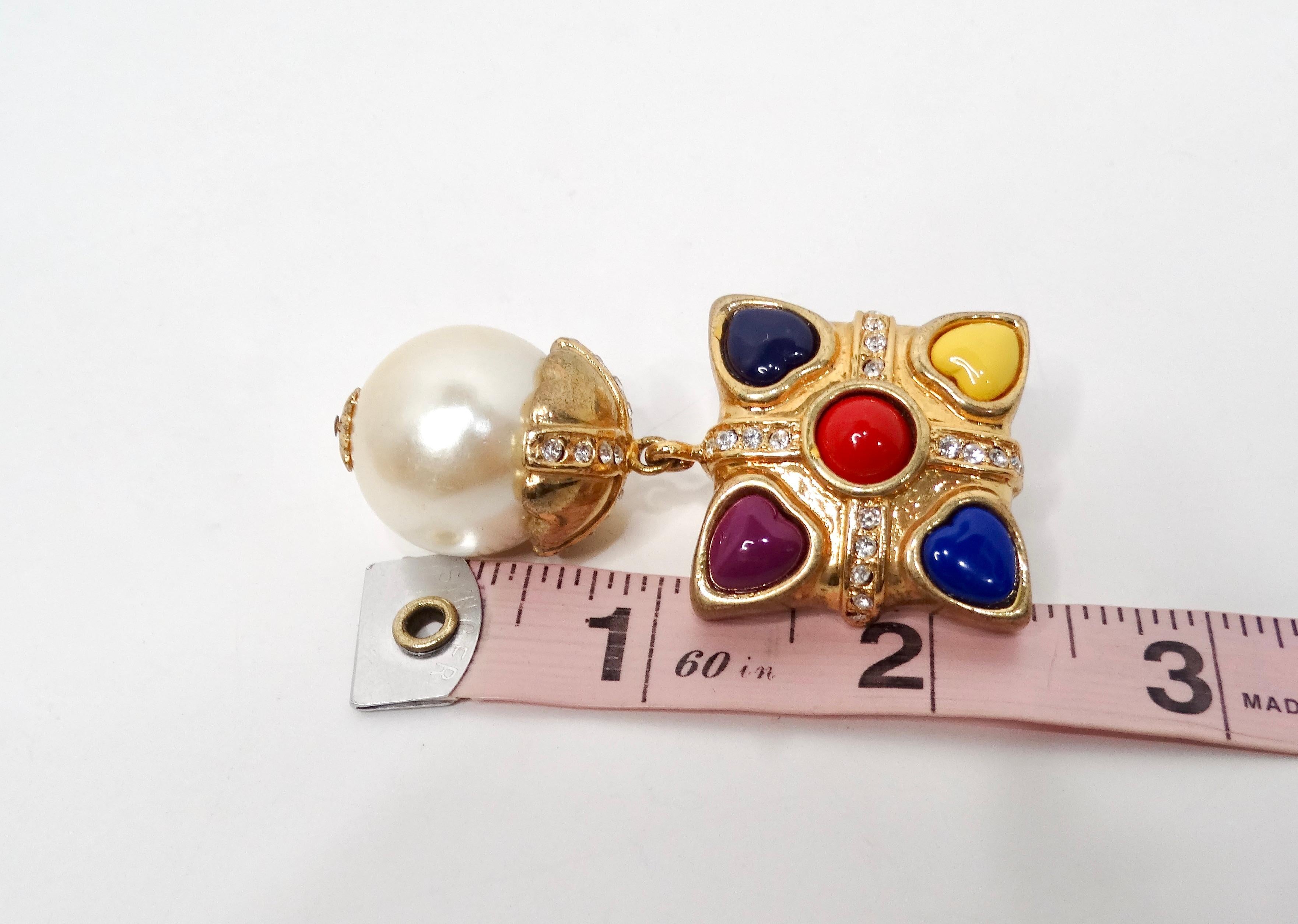 Esacada 1990s Multicolor Hearts & Pearl Drop Gold-Tone Clip-On Earrings For Sale 3