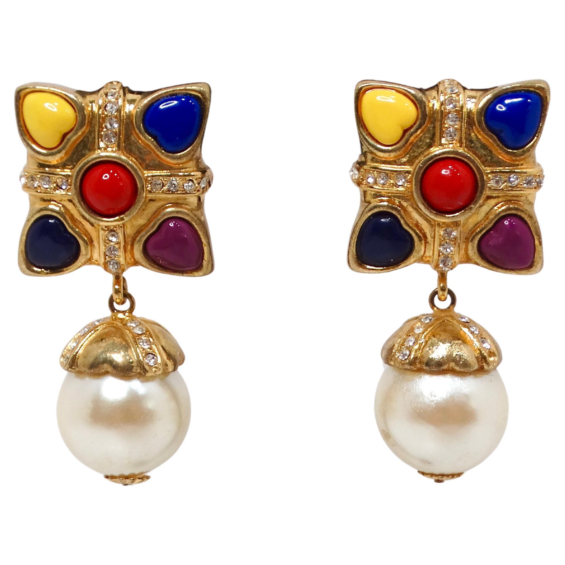 Esacada 1990s Multicolor Hearts & Pearl Drop Gold-Tone Clip-On Earrings For Sale