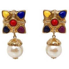 Esacada 1990s Multicolor Hearts & Pearl Drop Gold-Tone Clip-On Earrings