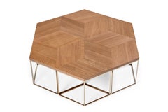 Esagon Coffee Table, Geometric Wood Top on Slim Metal Legs in Walnut Wood