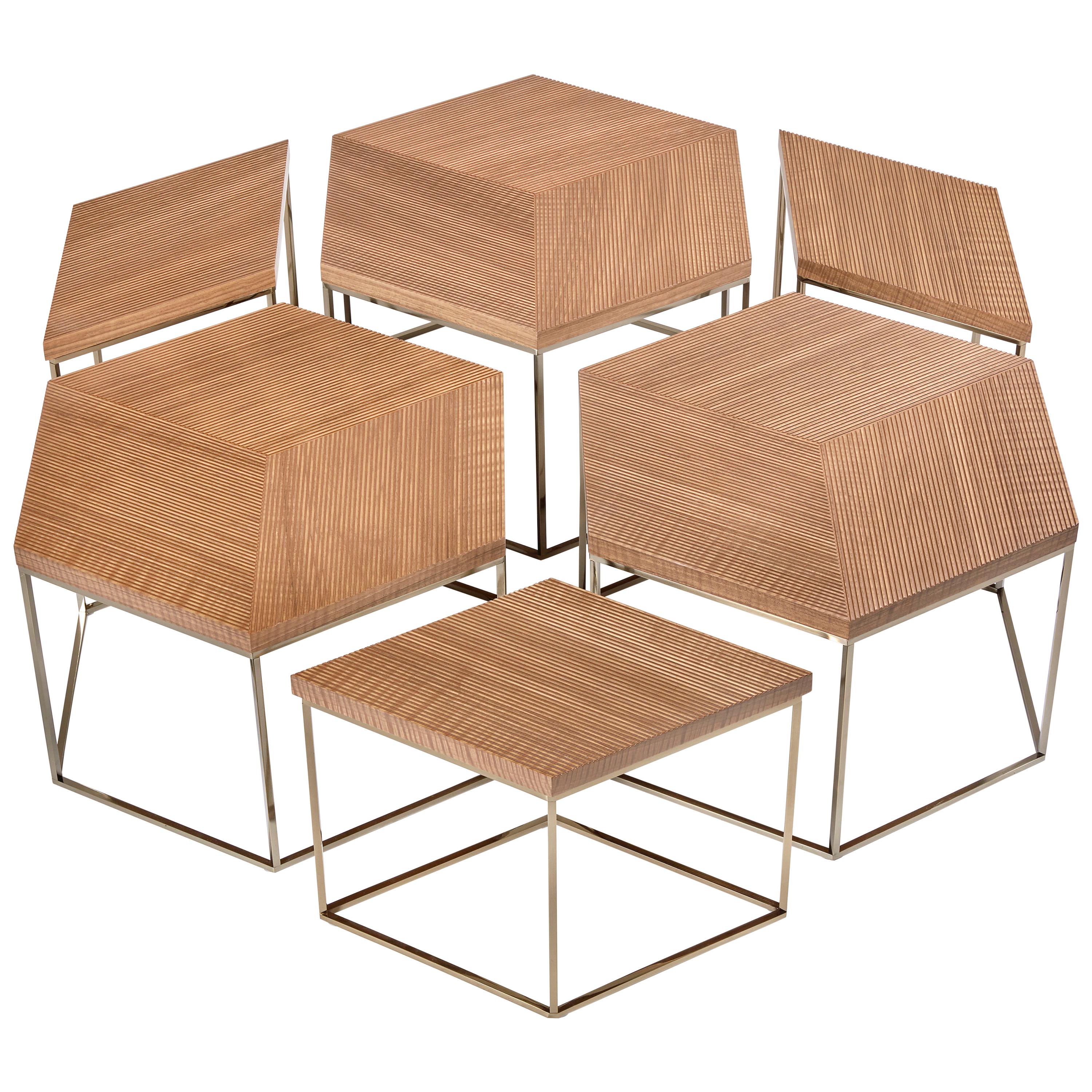 Esagon Coffee Table, Geometric Wood Top on Slim Metal Legs in Walnut Wood For Sale