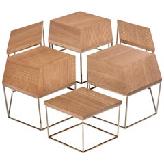 Esagon Coffee Table, Geometric Wood Top on Slim Metal Legs in Walnut Wood