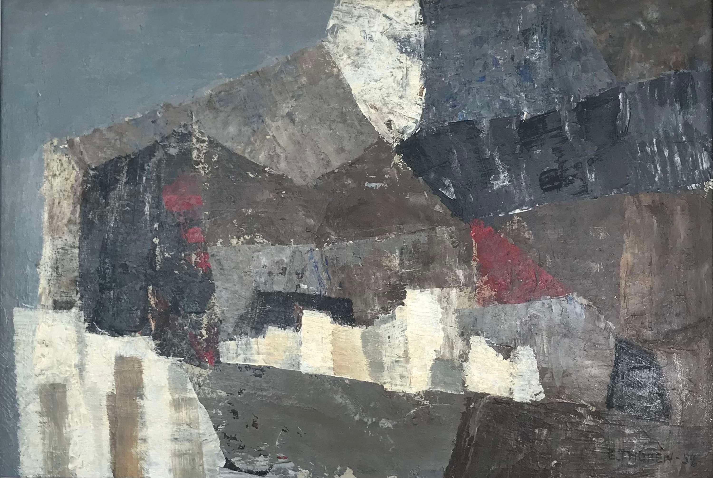 Hand-Painted Esaias Thoren Abstract Composition Oil on Board Sweden 1952 For Sale