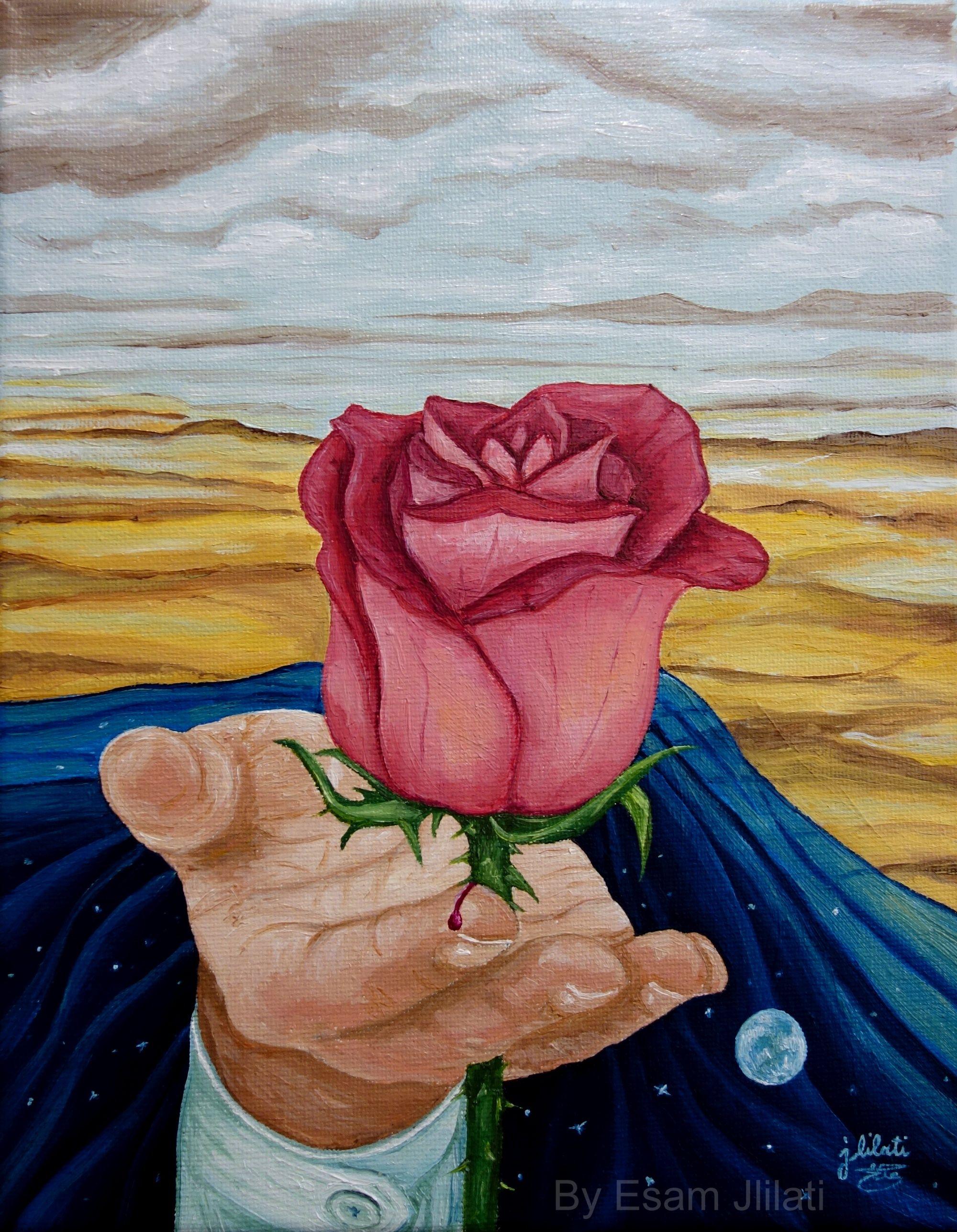 Schönheit mit Dornen, Original Öl Roses, Surrealismus, Gemälde, Öl auf Leinwand – Painting von Esam Jlilati