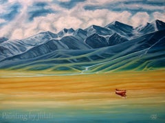 calmness, beach and mountain, Painting, Oil on Canvas