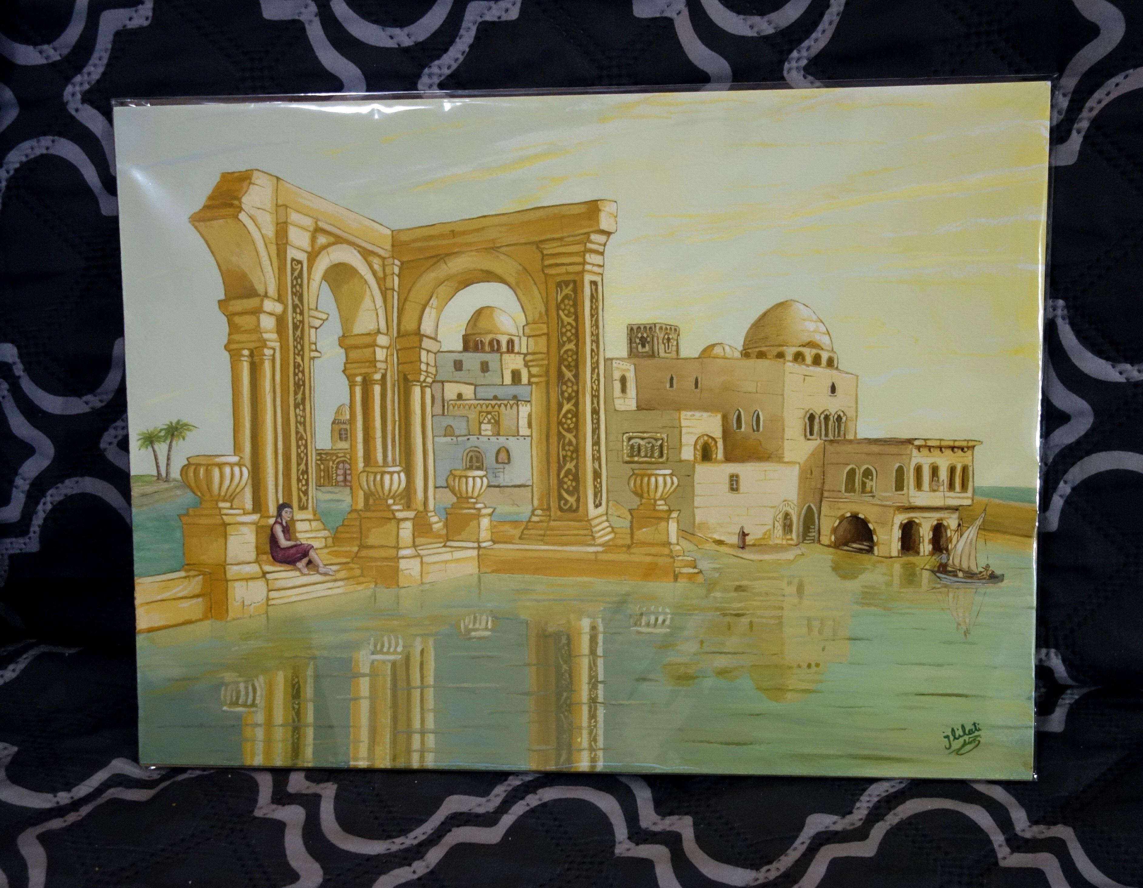 Mediterranean Dream  Original acrylic painting, Modern Art, landscape seascape Surrealism Egyptian oriental Architecture     :: Painting :: Classical :: This piece comes with an official certificate of authenticity signed by the artist :: Ready to