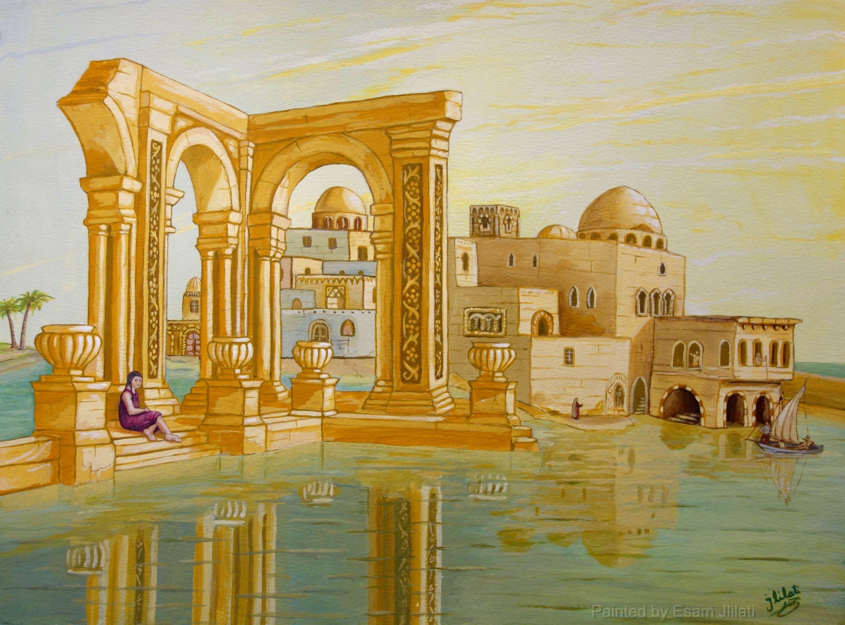Mediterranean Dream  Original acrylic painting, Modern Art, landscape seascape Surrealism Egyptian oriental Architecture     :: Painting :: Classical :: This piece comes with an official certificate of authenticity signed by the artist :: Ready to