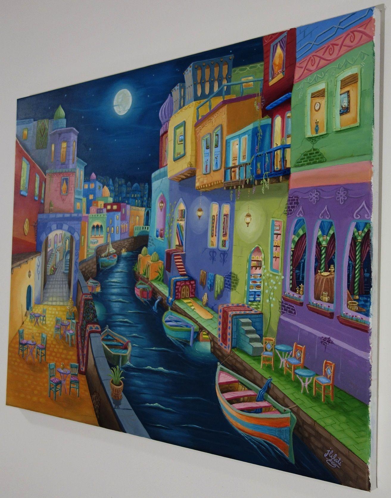 The Painting title: Thousand & one Night  Artist: Esam Jlilati   Medium: original oil color on canvas   Size: 28” x 22” ~ 72cm x 56cm     Do you ever just want to take a break from the real world? Jlilati modern expression paintings, allows you to