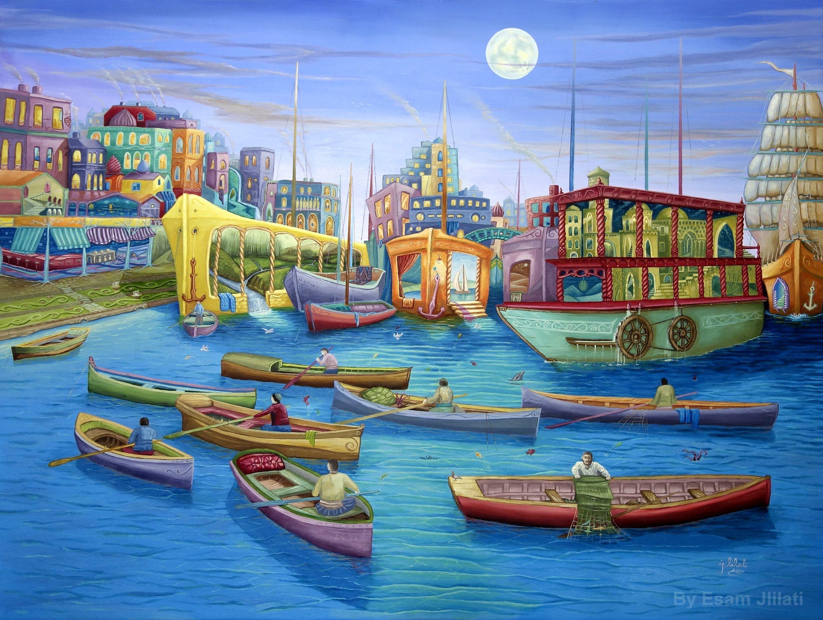 The Painting title: Radiance Port  Medium: oil color on canvas   Size: 40""x30"" = 102cm x 77cm    Subject: Mixture of memories and dreams in Jlilati’s style (colorful surrealism architectural style)     

:: Painting :: Surrealism :: This piece