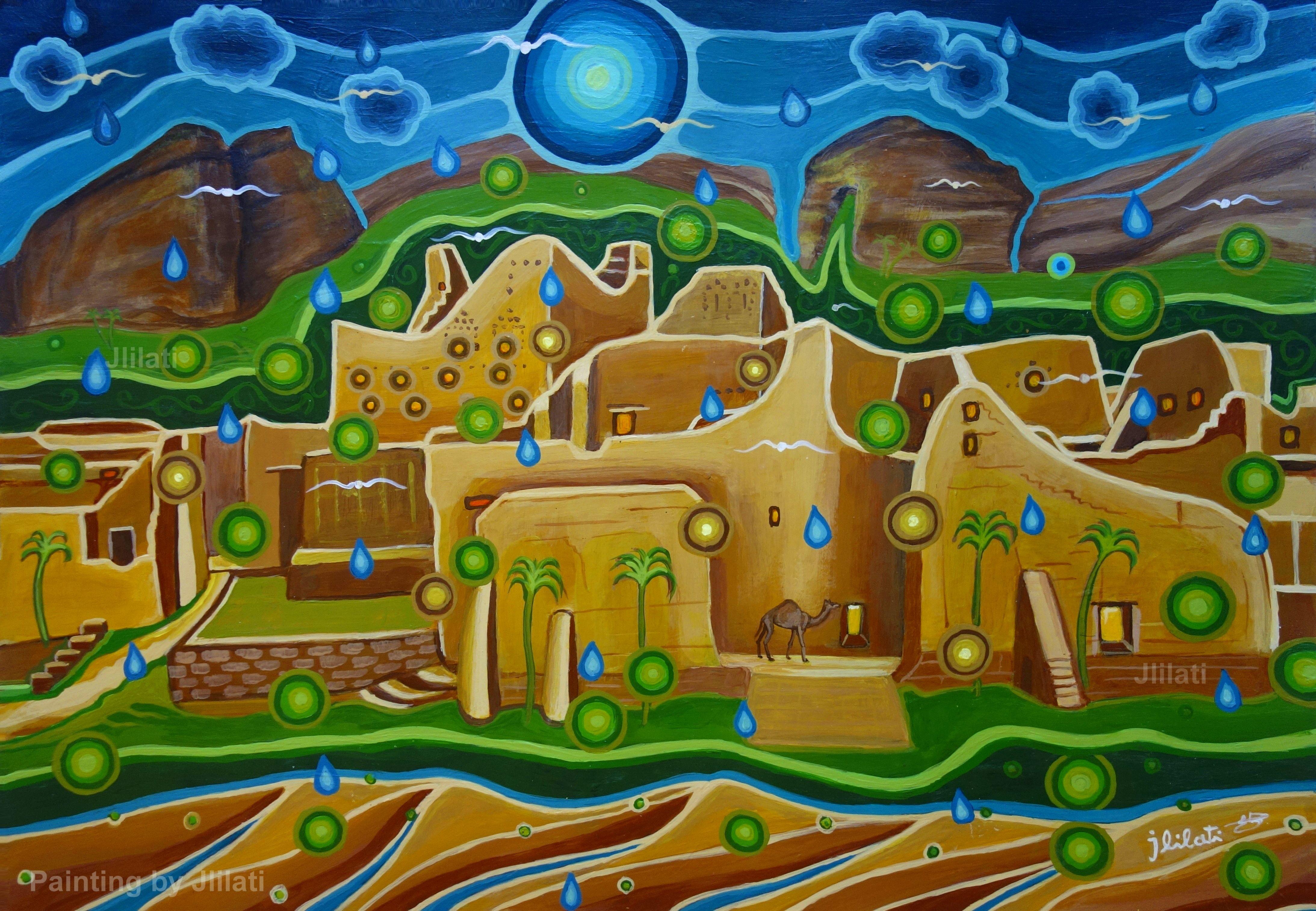 Esam Jlilati Abstract Painting - Saudi oases and mountain Diriyah, Painting, Acrylic on Other