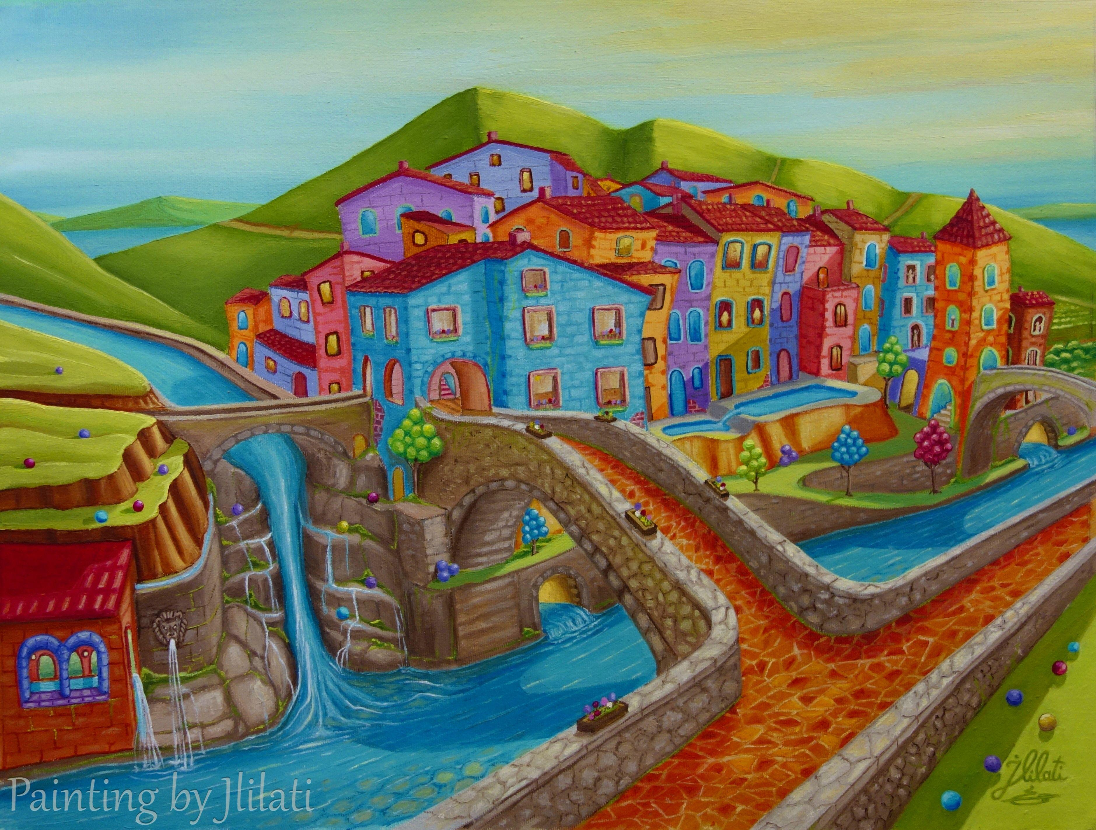 Village de Toscane, paysage italien, peinture sur toile - Painting de Esam Jlilati