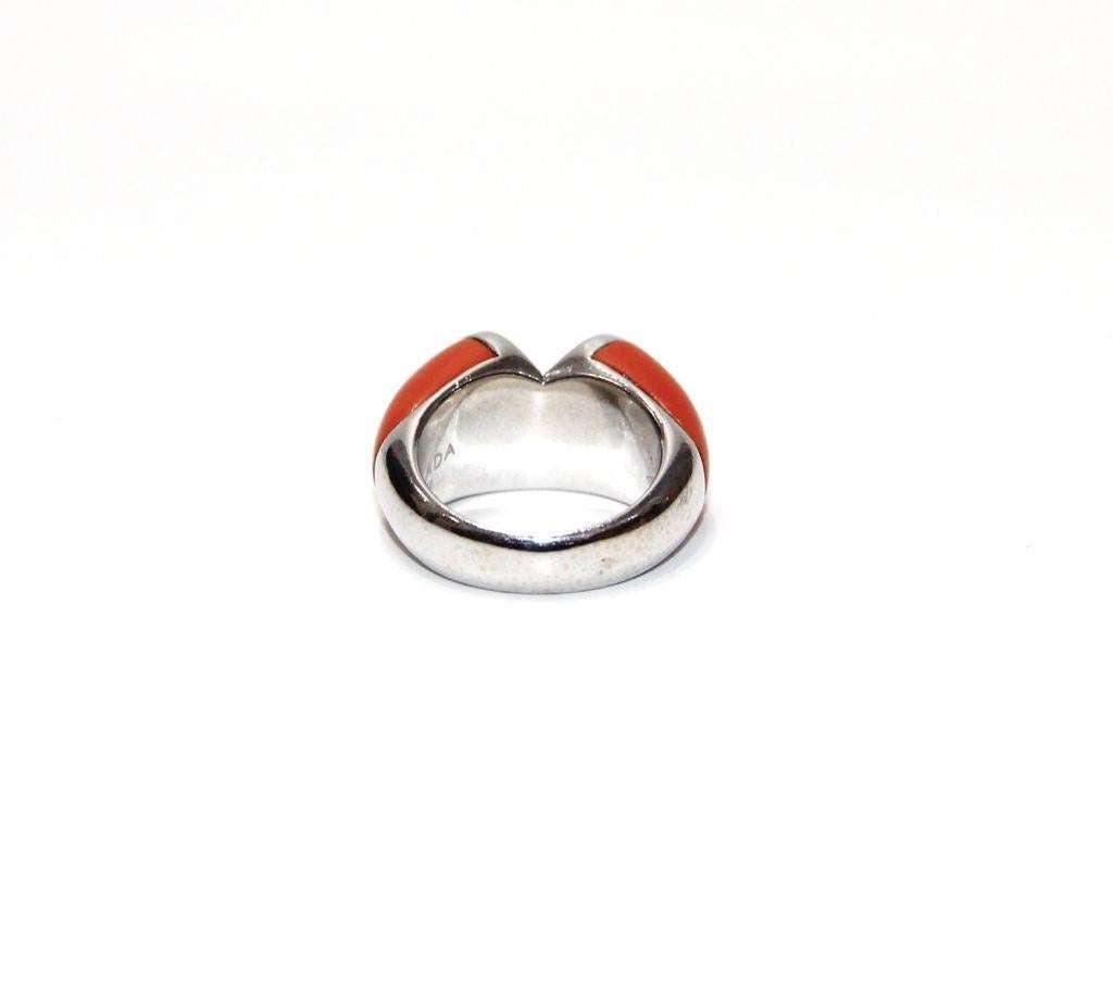 Modern Escada 18K White Gold, Diamonds and Coral Heart Ring For Sale