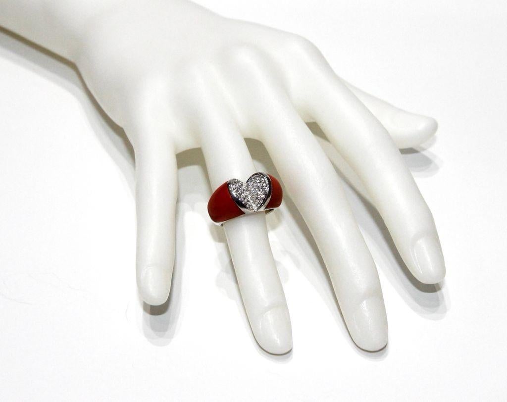 Brilliant Cut Escada 18K White Gold, Diamonds and Coral Heart Ring For Sale