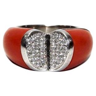 Escada 18K White Gold, Diamonds and Coral Heart Ring For Sale