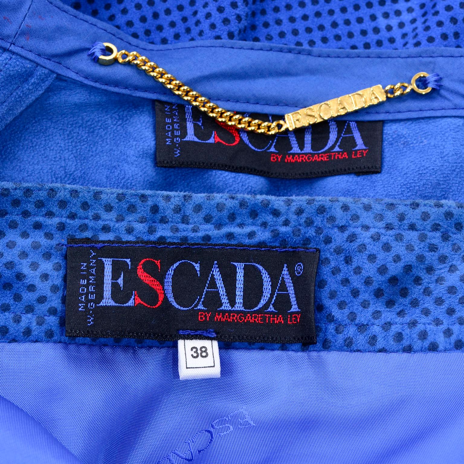 Escada 1980's Blue Suede Asymmetrical Jacket W/ Slits & Skirt  by Margartha Ley For Sale 10