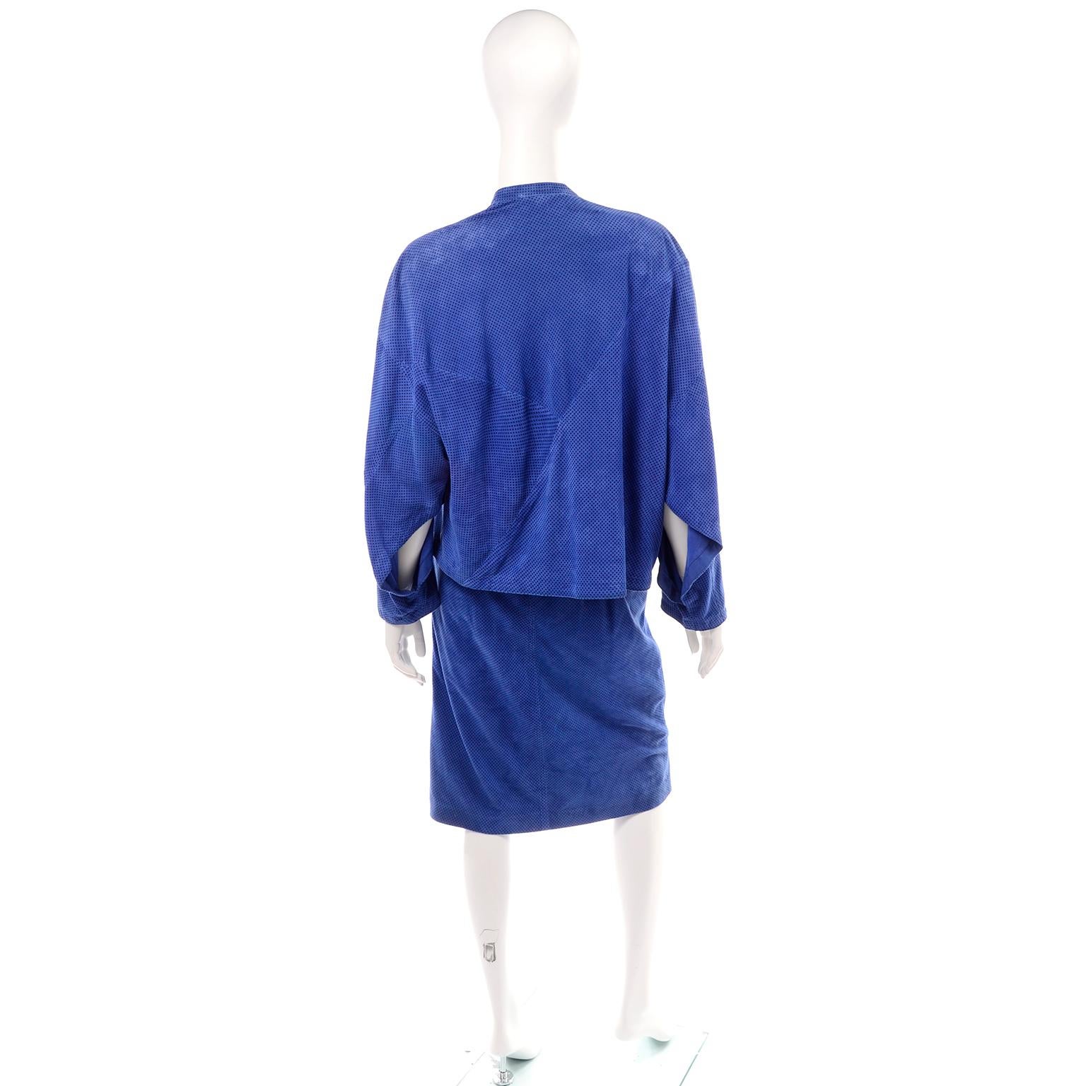 Escada 1980's Blue Suede Asymmetrical Jacket W/ Slits & Skirt  by Margartha Ley For Sale 2
