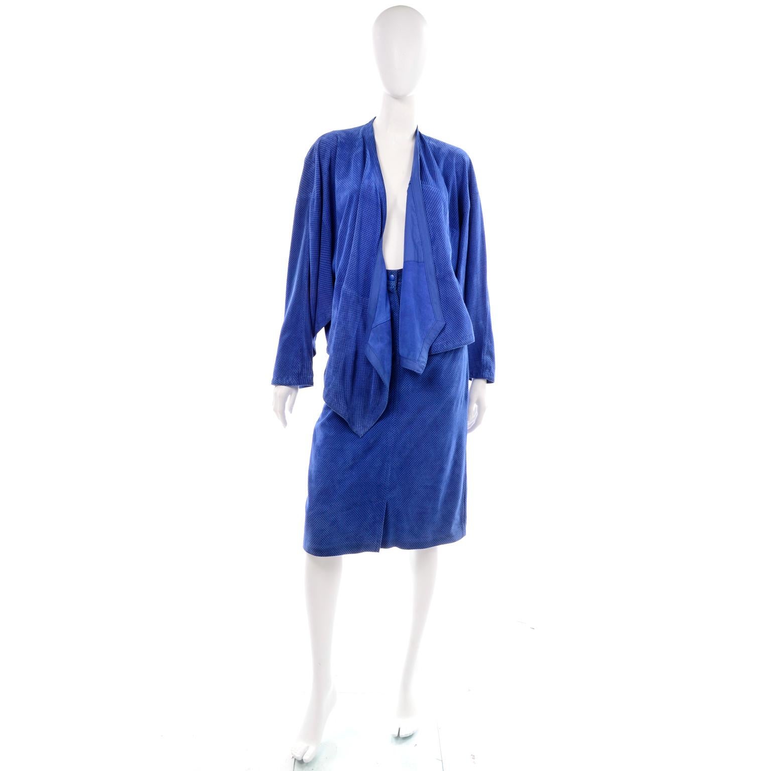 Escada 1980's Blue Suede Asymmetrical Jacket W/ Slits & Skirt  by Margartha Ley In Excellent Condition For Sale In Portland, OR