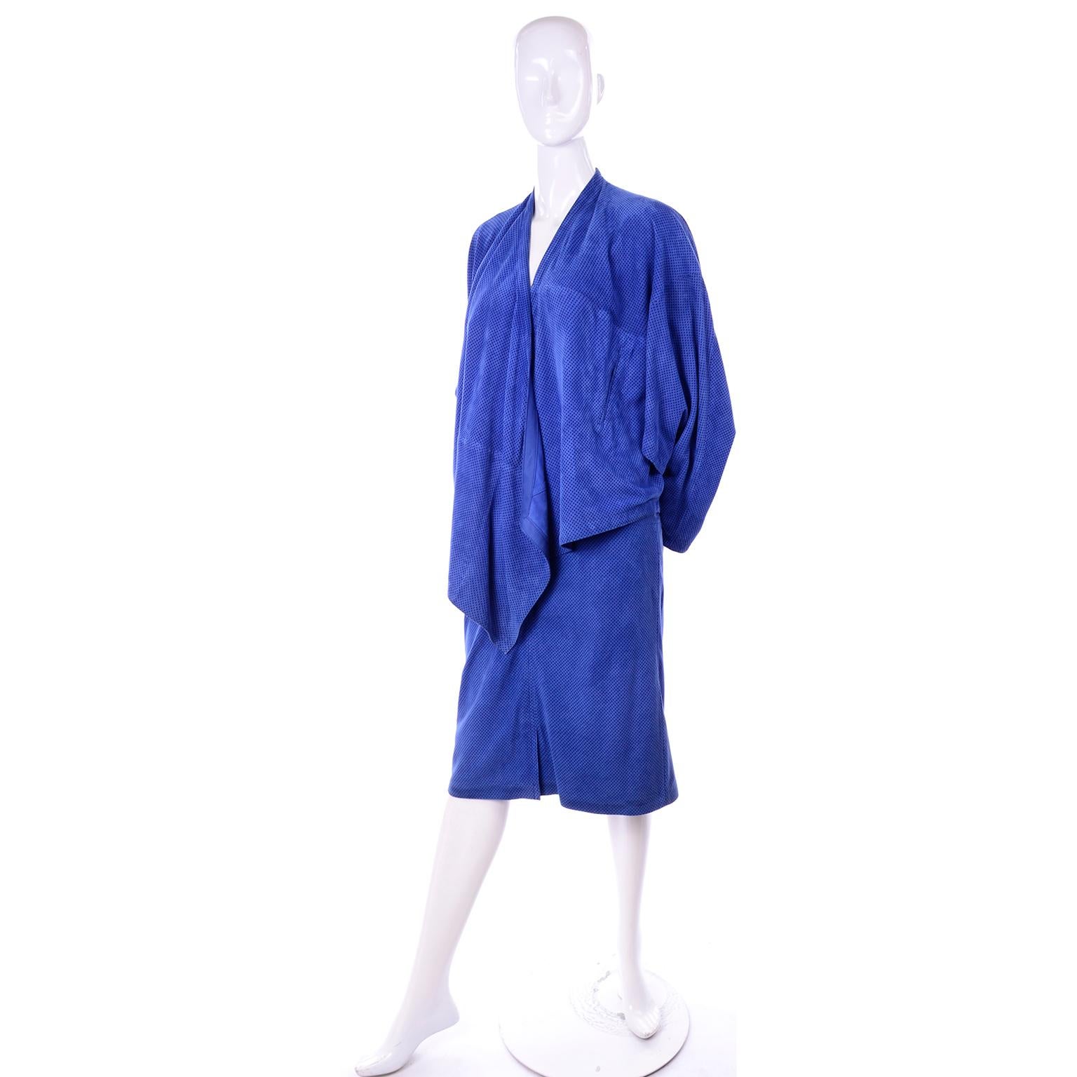 Women's Escada 1980's Blue Suede Asymmetrical Jacket W/ Slits & Skirt  by Margartha Ley For Sale