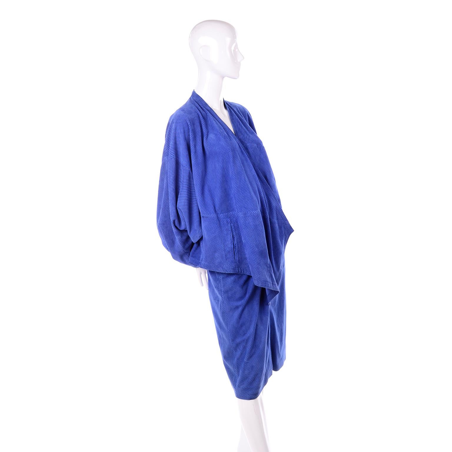 Escada 1980's Blue Suede Asymmetrical Jacket W/ Slits & Skirt  by Margartha Ley For Sale 1