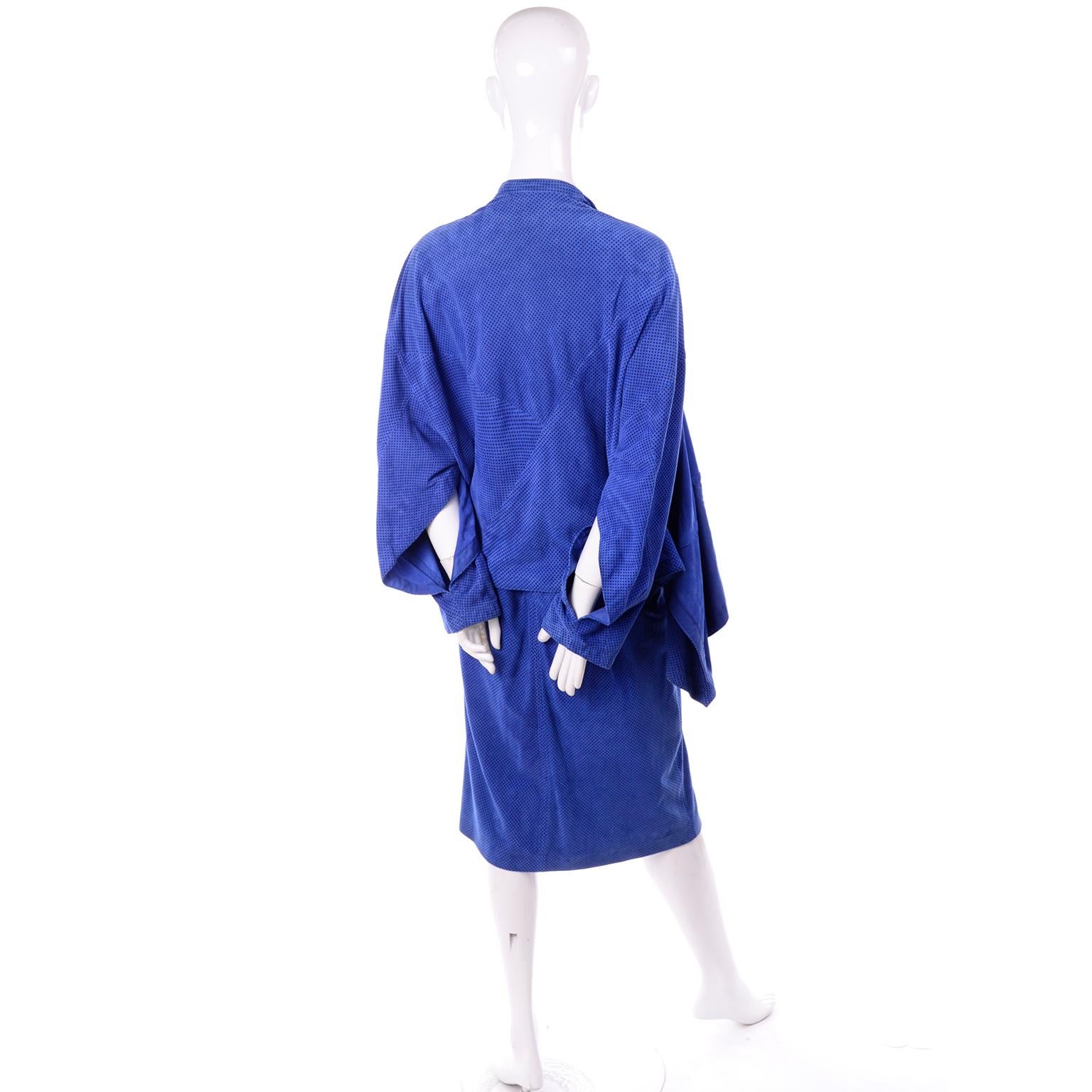 Escada 1980's Blue Suede Asymmetrical Jacket W/ Slits & Skirt  by Margartha Ley For Sale 3