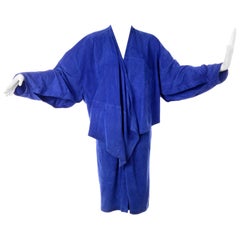 Vintage Escada 1980's Blue Suede Asymmetrical Jacket W/ Slits & Skirt  by Margartha Ley