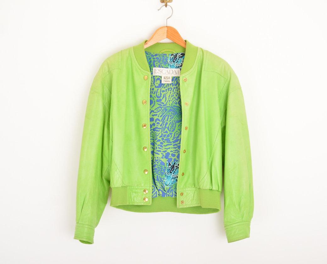 Escada 1980'S Bright Lime Green Lambskin Bomber Jacket For Sale 1