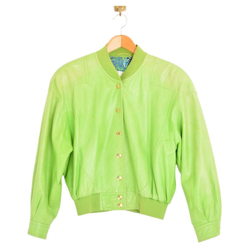 Escada 1980'S Bright Lime Green Lambskin Bomber Jacket For Sale