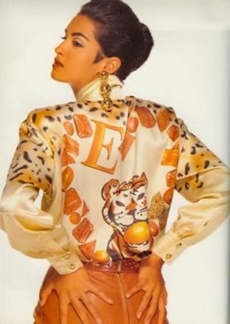 Escada 1991 Documented Light Yellow or Gold Animal And Gem Print Silk Blouse For Sale 2