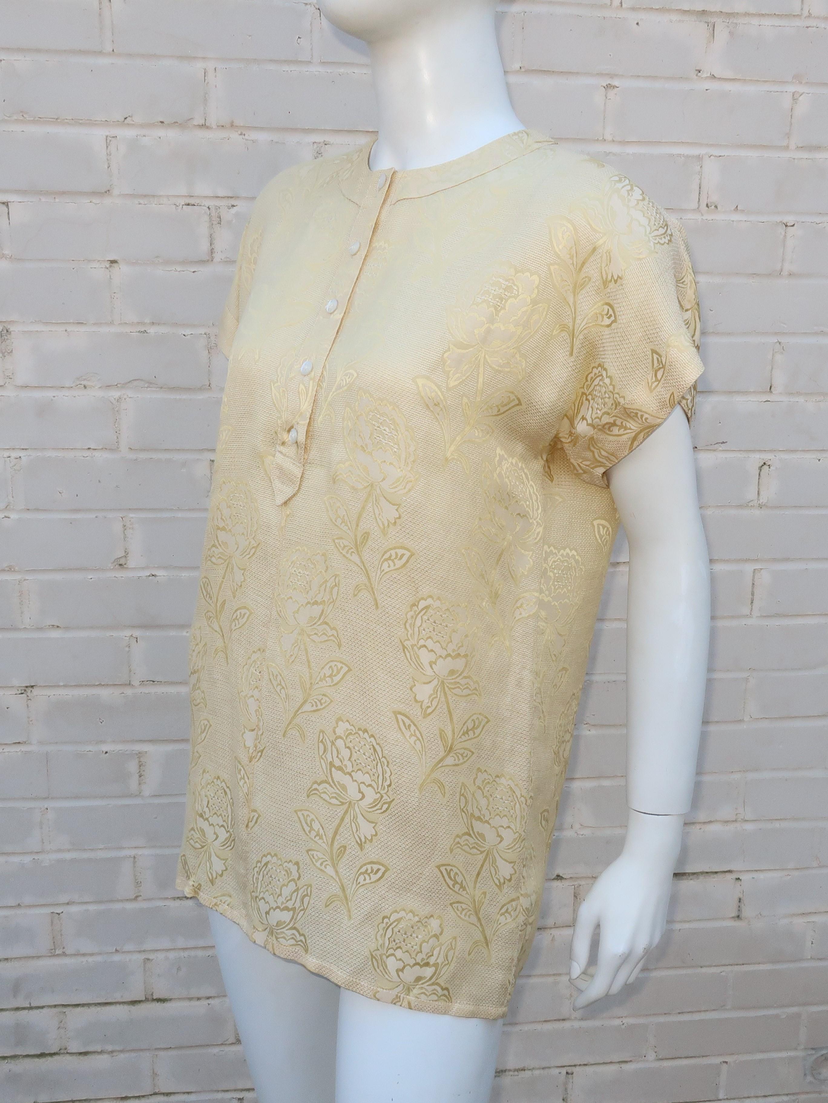 Women's Escada 1980's Pale Yellow Linen & Silk Jacquard Top