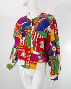 Escada 1980s Vivid Colour Print Bomber Jacket Knit Collar & Cuffs Medium
