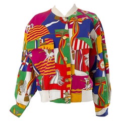 Escada 1980s Vivid Colour Print Bomber Jacket Knit Collar & Cuffs Medium
