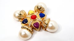 Escada 1990s Multicolor Cross Pearl Gold-Tone Brooch