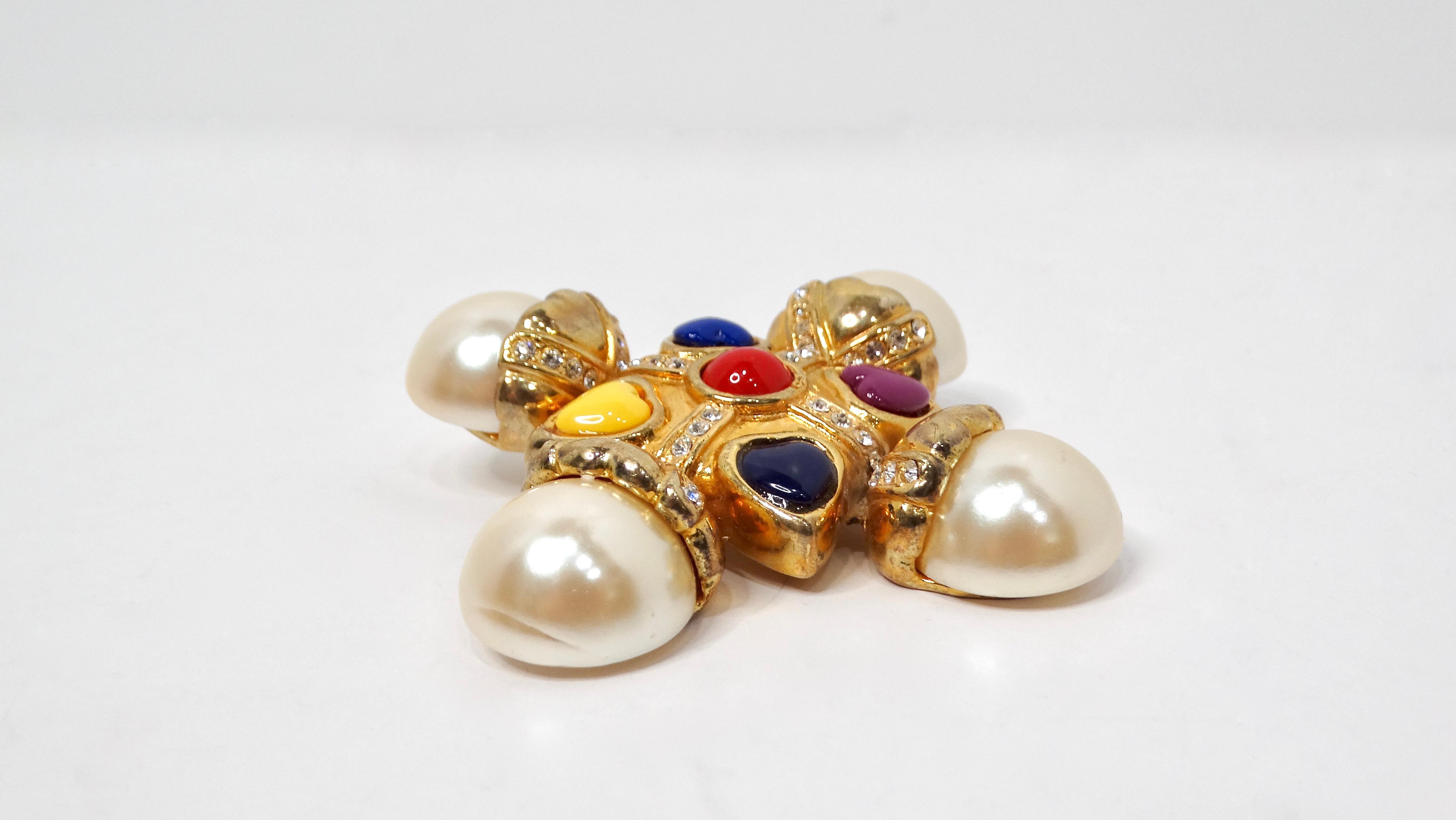 Escada 1990s Multicolor Cross Pearl Gold-Tone Brooch In Good Condition For Sale In Scottsdale, AZ