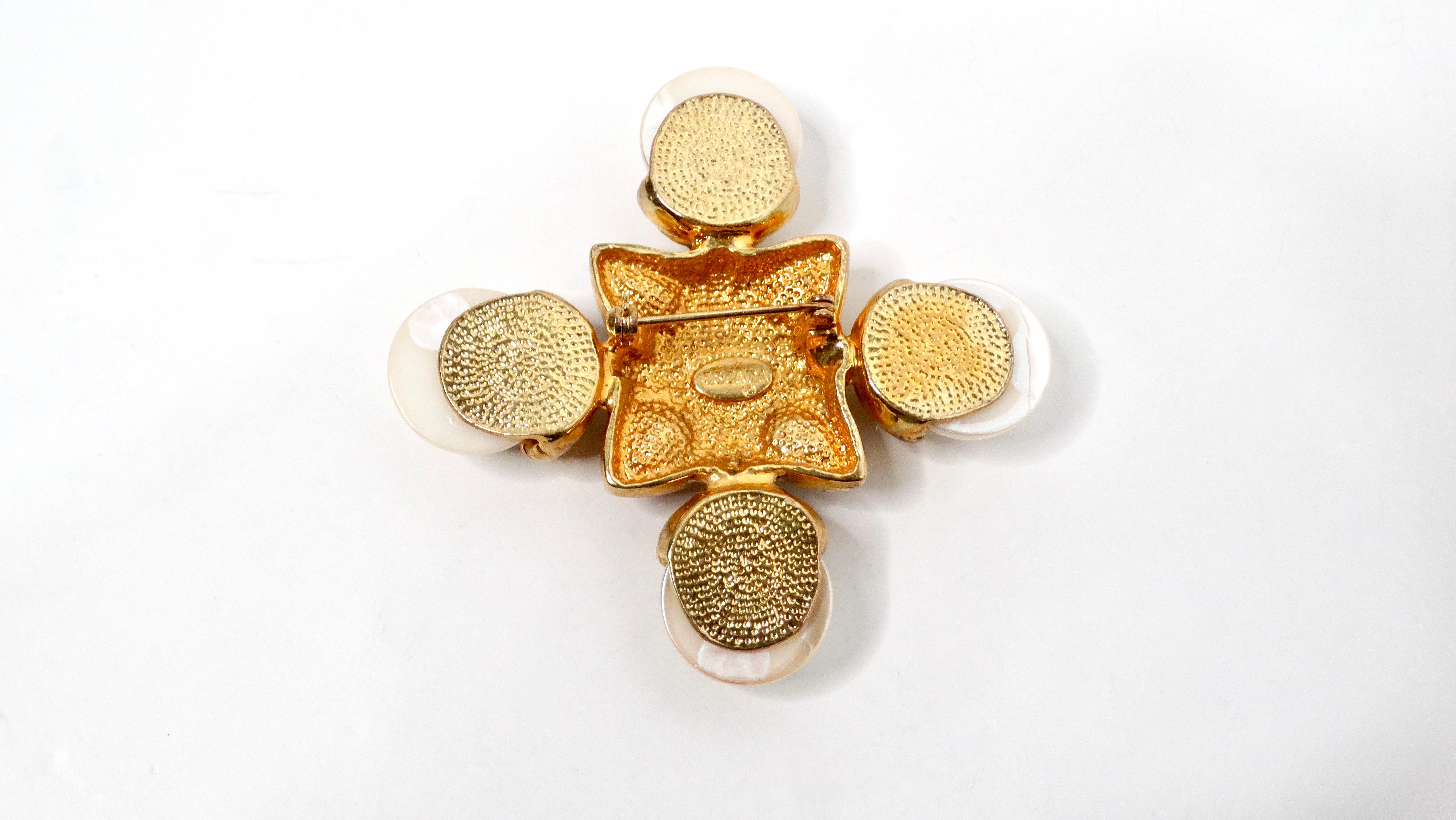 Women's Escada 1990s Multicolor Cross Pearl Gold-Tone Brooch For Sale