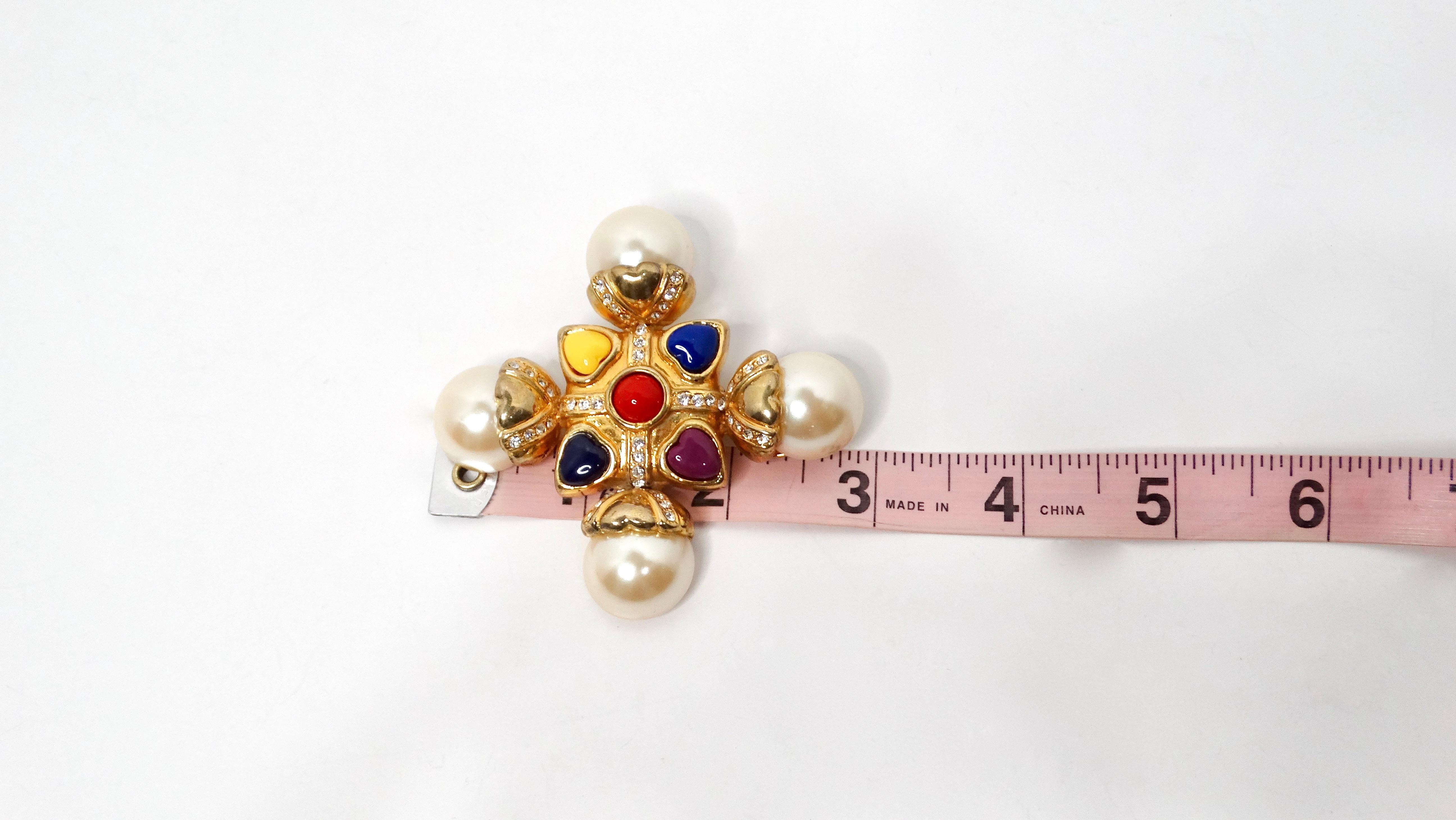 Escada 1990s Multicolor Cross Pearl Gold-Tone Brooch For Sale 1