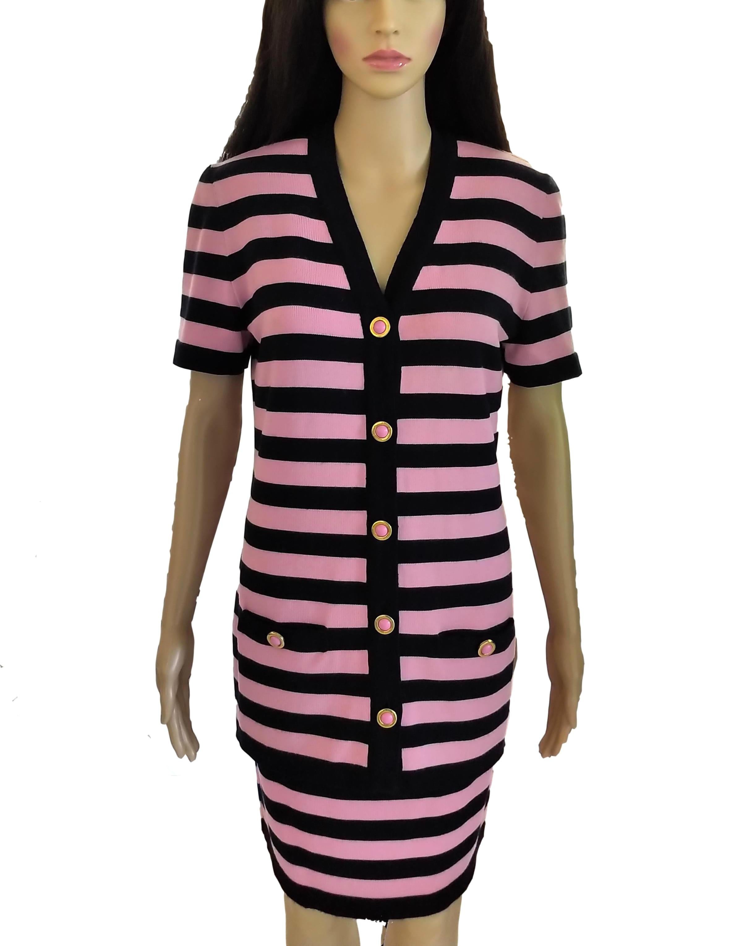 Lovely, vintage Escada by Margaretha Ley 2 piece, pink & navy ribbed striped short sleeve jacket & pencil skirt suit in size EU 36/ US 6.  Very fresh, feminine & flattering set circa 90's. Beautifully crafted in high quality soft & substantial wool.