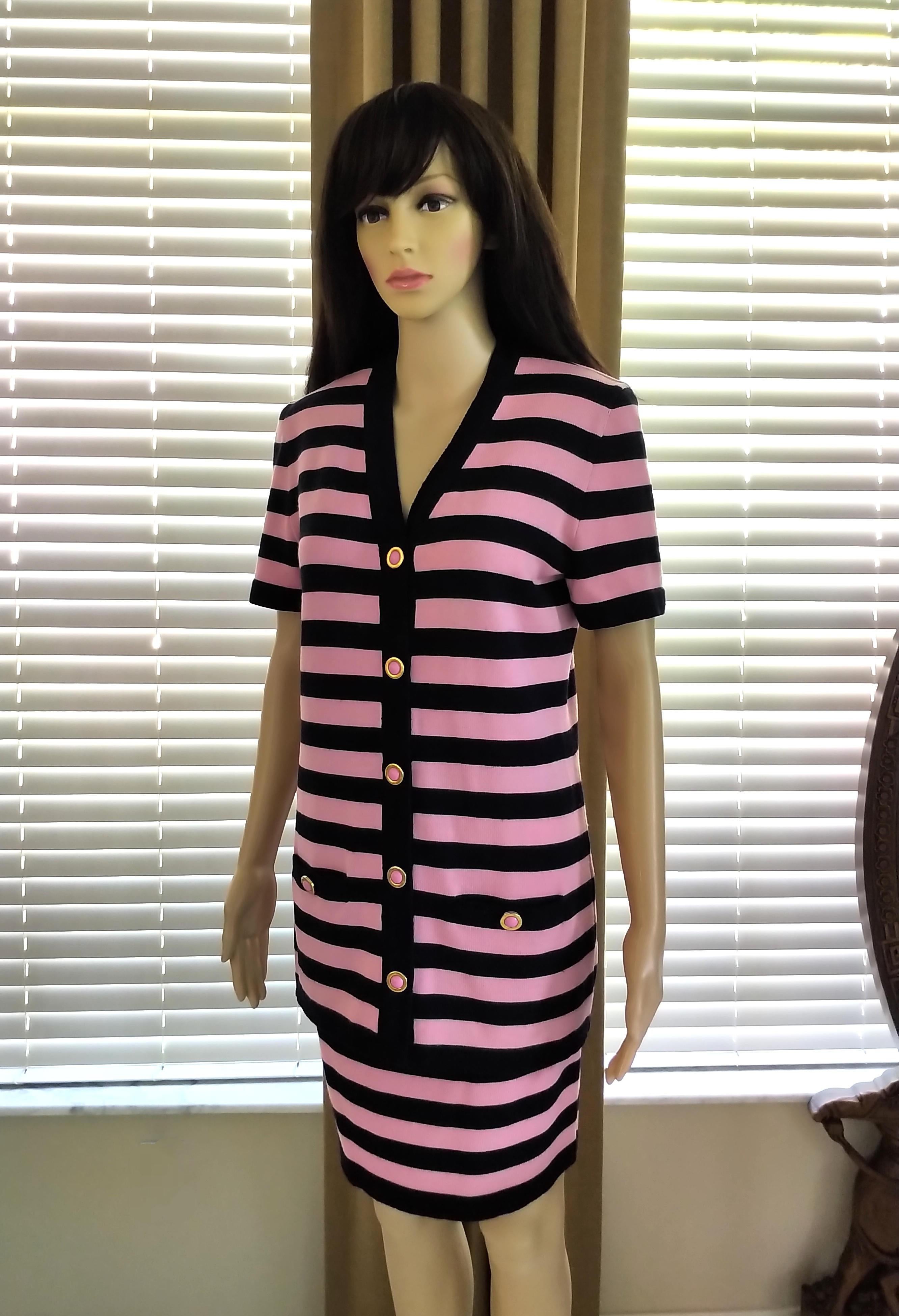 Escada 1990's Pink & Navy Logo Buttons Striped Jacket Skirt Suit 36/ 38 6 For Sale 3