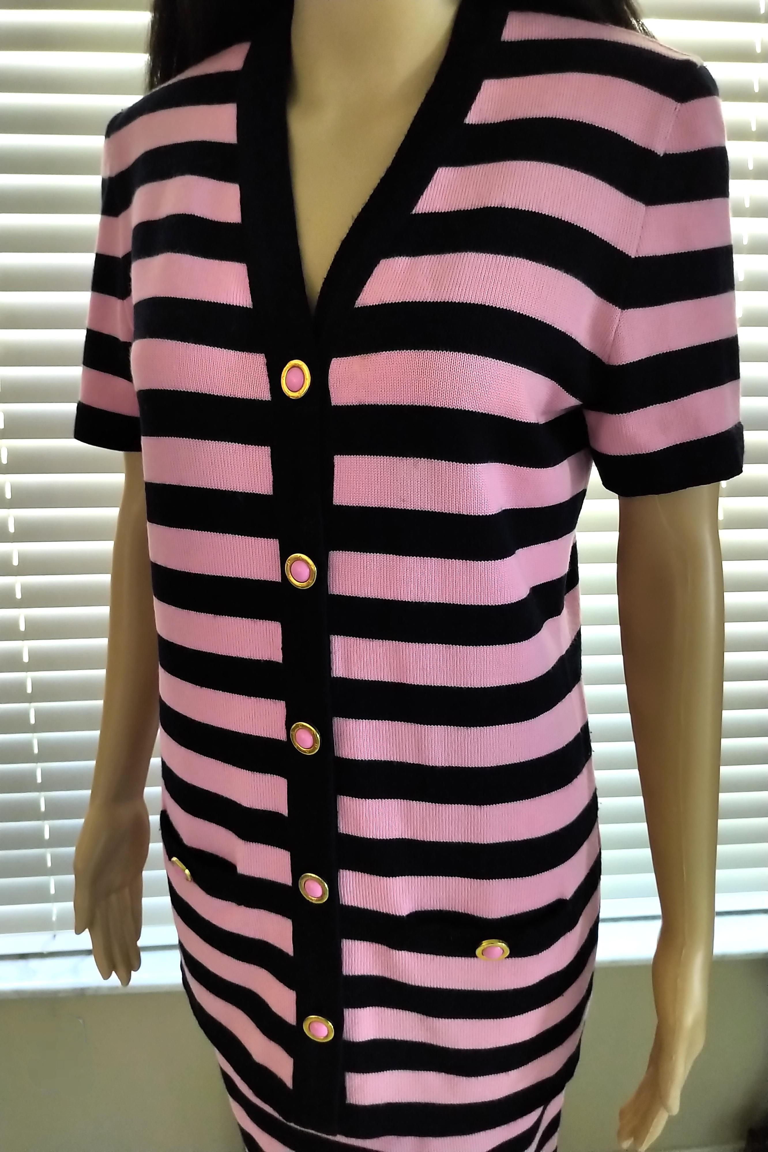 Escada 1990's Pink & Navy Logo Buttons Striped Jacket Skirt Suit 36/ 38 6 For Sale 4