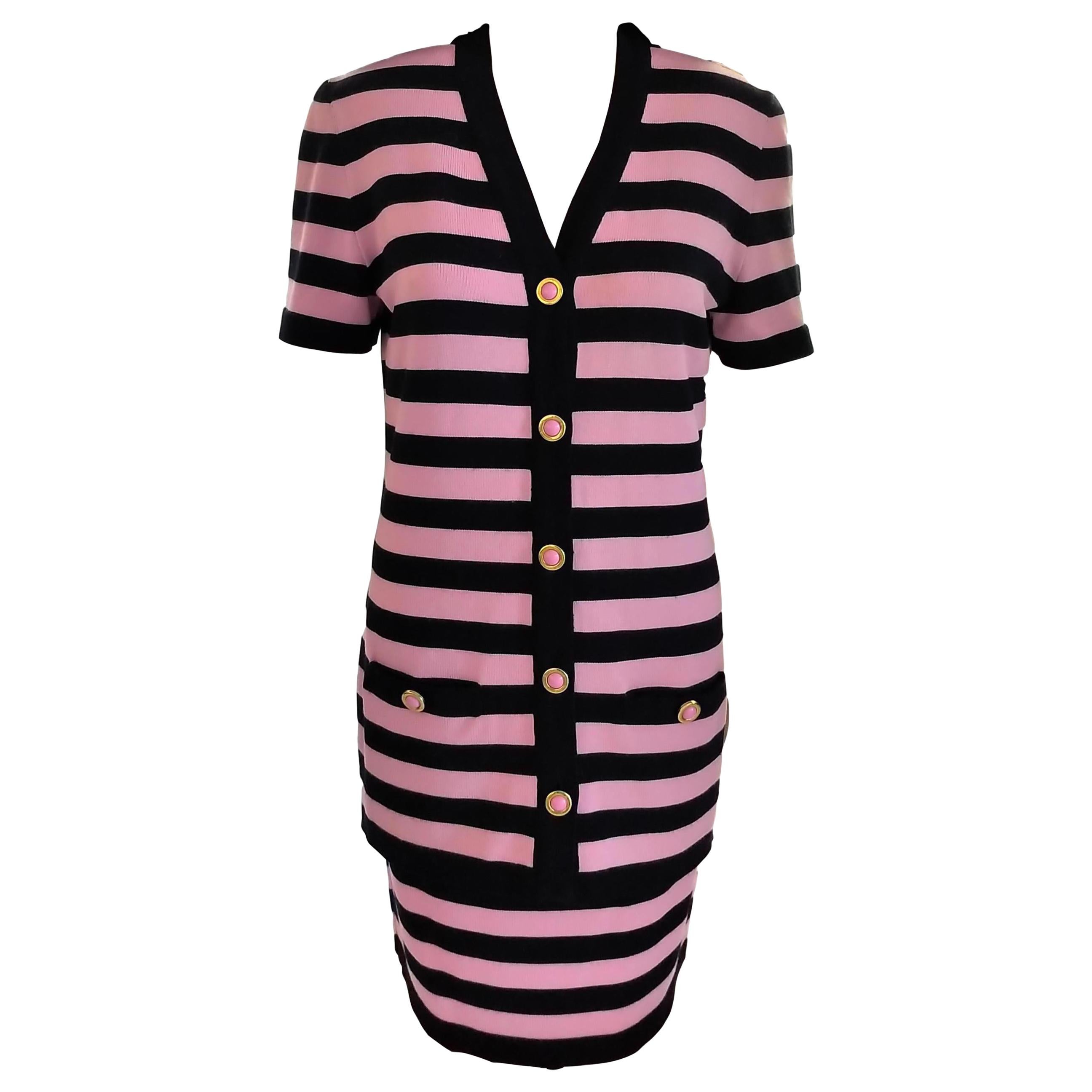 Escada 1990's Pink & Navy Logo Buttons Striped Jacket Skirt Suit 36/ 38 6 For Sale