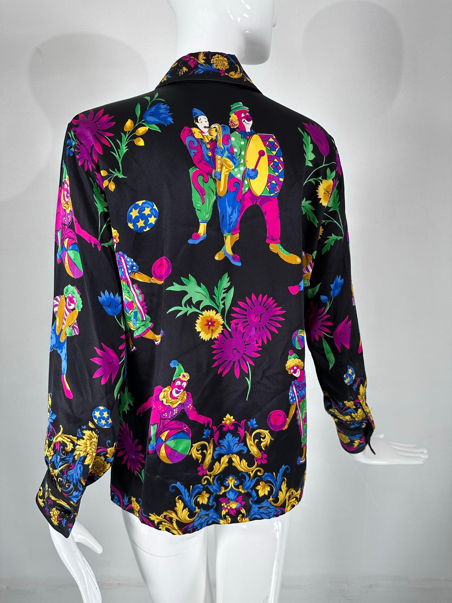 Women's or Men's Escada 1990s Rare Margaretha Ley Escada Silk Print Collectable Blouse Clowns For Sale