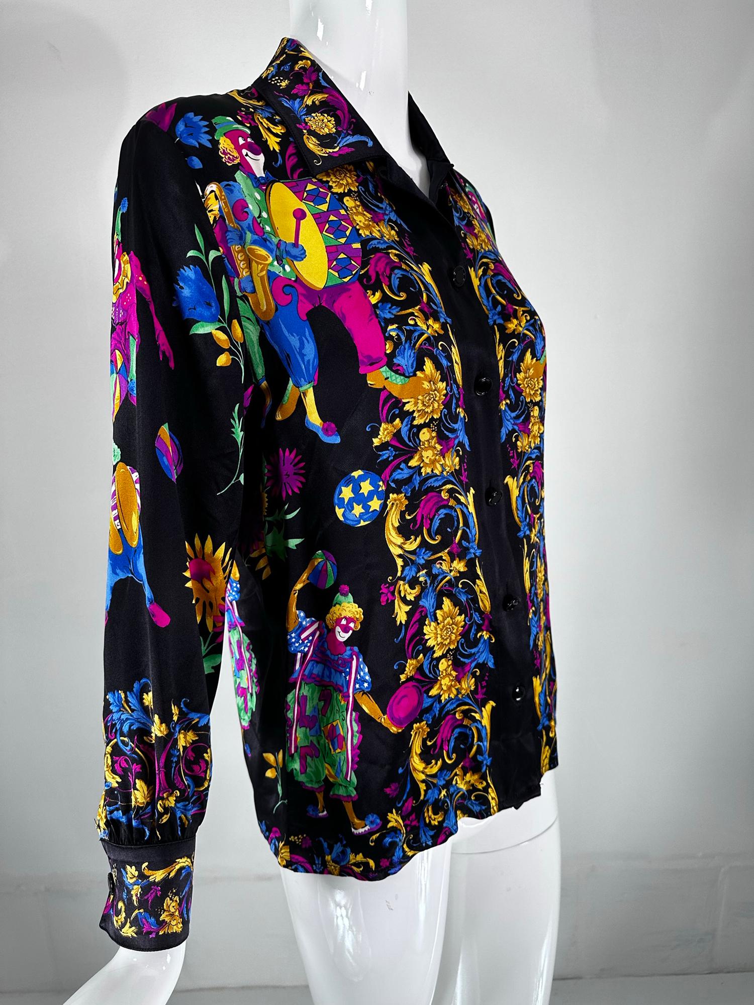 Escada 1990s Rare Margaretha Ley Escada Silk Print Collectable Blouse Clowns For Sale 3